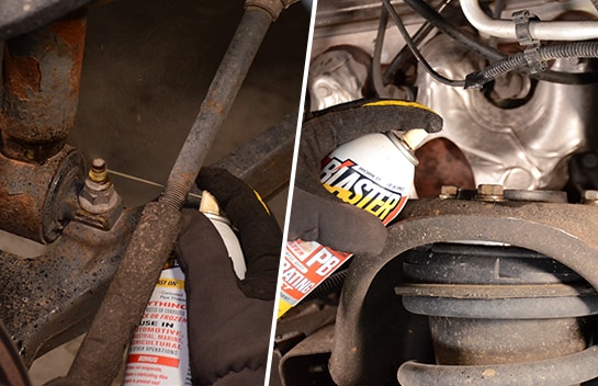 Mechanic spraying Blaster’s rust penetrant onto the rusted strut nuts and bolts